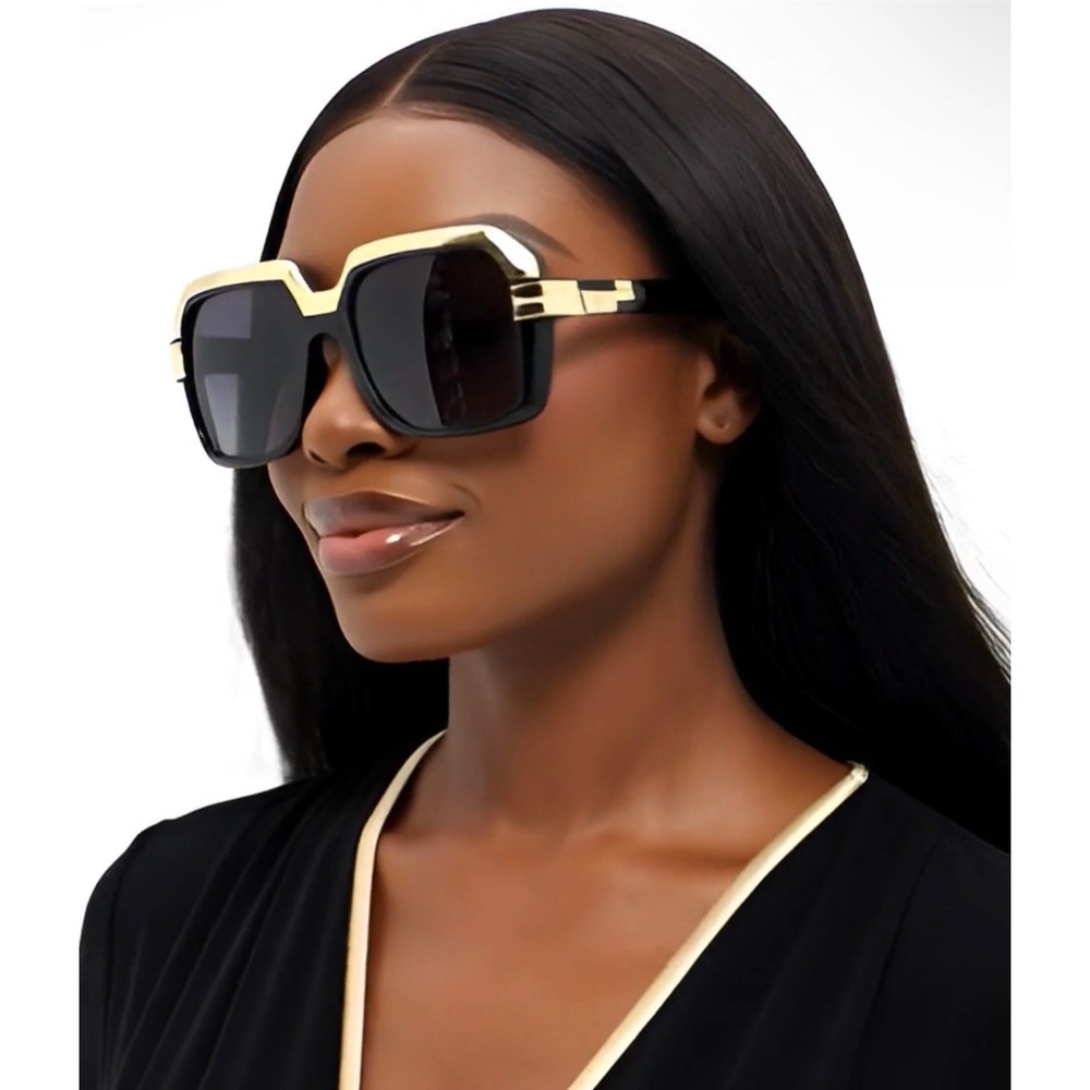 Oversized Square Sunglasses Black Gold Frame Gradient Lens Womens Aviator Fancy‎ - Picture 6 of 17